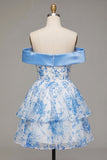 Blue A-Line Off the Shoulder Floral Homecoming Dress with Bow