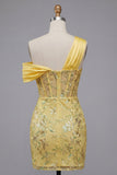One Shoulder Yellow Bodycon Sheer Corset Floral Homecoming Dress with Sequins