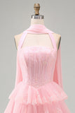 Pink Strapless A-Line Corset Tiered Ruffled Short Homecoming Dress