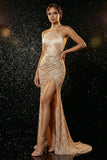 Sparkly Champagne Halter Mermaid Long Sequin Evening Dress with Slit