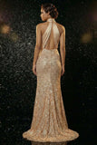 Sparkly Champagne Halter Mermaid Long Sequin Evening Dress with Slit