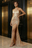 Sparkly Champagne Halter Mermaid Long Sequin Evening Dress with Slit