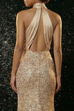 Sparkly Champagne Halter Mermaid Long Sequin Evening Dress with Slit