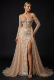 Sparkly Off The Shoulder Champagne Mermaid Sequin Evening Dress with Slit