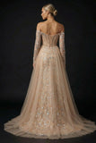 Sparkly Off The Shoulder Champagne Mermaid Sequin Evening Dress with Slit