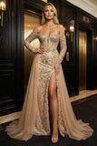 Sparkly Off The Shoulder Champagne Mermaid Sequin Evening Dress with Slit