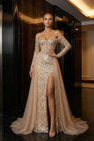 Sparkly Off The Shoulder Champagne Mermaid Sequin Evening Dress with Slit