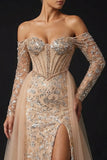 Sparkly Off The Shoulder Champagne Mermaid Sequin Evening Dress with Slit