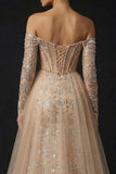 Sparkly Off The Shoulder Champagne Mermaid Sequin Evening Dress with Slit