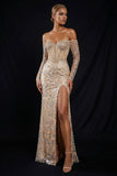 Champagne Off The Shoulder Sequins Corset Long Mermaid Evening Dress with Slit