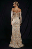 Champagne Off The Shoulder Sequins Corset Long Mermaid Evening Dress with Slit