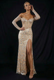 Champagne Off The Shoulder Sequins Corset Long Mermaid Evening Dress with Slit