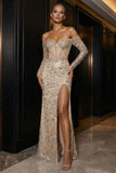 Champagne Off The Shoulder Sequins Corset Long Mermaid Evening Dress with Slit