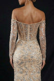 Champagne Off The Shoulder Sequins Corset Long Mermaid Evening Dress with Slit