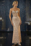 Sparkly Champagne Sweetheart Corset Mermaid Long Evening Dress with Sequins