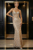 Sparkly Champagne Sweetheart Corset Mermaid Long Evening Dress with Sequins