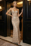 Sparkly Champagne Sweetheart Corset Mermaid Long Evening Dress with Sequins