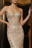 Sparkly Champagne Sweetheart Corset Mermaid Long Evening Dress with Sequins