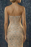 Sparkly Champagne Sweetheart Corset Mermaid Long Evening Dress with Sequins