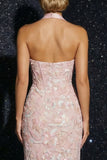Pink Appliqued Halter Corset Sheath Long Evening Dress with Slit