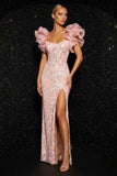 Pink Mermaid Corset Sequins Side Slit Long Evening Dress with Ruffle Sleeves