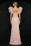 Pink Mermaid Corset Sequins Side Slit Long Evening Dress with Ruffle Sleeves