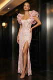 Pink Mermaid Corset Sequins Side Slit Long Evening Dress with Ruffle Sleeves