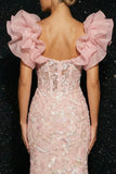 Pink Mermaid Corset Sequins Side Slit Long Evening Dress with Ruffle Sleeves