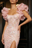 Pink Mermaid Corset Sequins Side Slit Long Evening Dress with Ruffle Sleeves