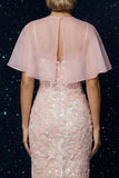 Pink Embroidery Spaghetti Straps Corset Sheath Evening Dress with Slit and Cloak