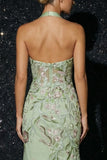 Green Embroidery Halter Corset Mermaid Evening Dress with Slit
