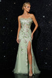 Strapless Green Embroidered Mermaid Corset Long Evening Dress with Slit