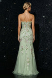 Strapless Green Embroidered Mermaid Corset Long Evening Dress with Slit