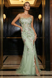 Strapless Green Embroidered Mermaid Corset Long Evening Dress with Slit