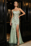 Strapless Green Embroidered Mermaid Corset Long Evening Dress with Slit