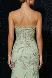 Strapless Green Embroidered Mermaid Corset Long Evening Dress with Slit