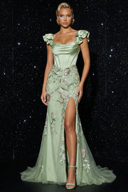 Green Mermaid Embroidered Corset Sequin Long Evening Dress with Slit