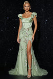 Green Mermaid Embroidered Corset Sequin Long Evening Dress with Slit