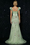 Green Mermaid Embroidered Corset Sequin Long Evening Dress with Slit