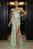 Green Mermaid Embroidered Corset Sequin Long Evening Dress with Slit