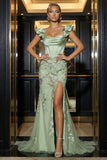 Green Mermaid Embroidered Corset Sequin Long Evening Dress with Slit