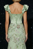 Green Mermaid Embroidered Corset Sequin Long Evening Dress with Slit