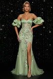 Off The Shoulder Green Embroidered Mermaid Corset Sequin Evening Dress with Slit