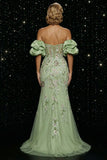 Off The Shoulder Green Embroidered Mermaid Corset Sequin Evening Dress with Slit