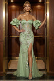 Off The Shoulder Green Embroidered Mermaid Corset Sequin Evening Dress with Slit