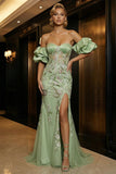 Off The Shoulder Green Embroidered Mermaid Corset Sequin Evening Dress with Slit