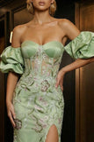Off The Shoulder Green Embroidered Mermaid Corset Sequin Evening Dress with Slit