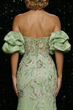 Off The Shoulder Green Embroidered Mermaid Corset Sequin Evening Dress with Slit