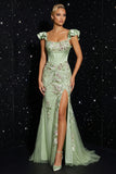 Green Mermaid Sequins Corset Floral Long Evening Dress with Slit