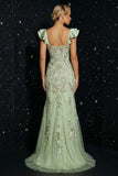 Green Mermaid Sequins Corset Floral Long Evening Dress with Slit